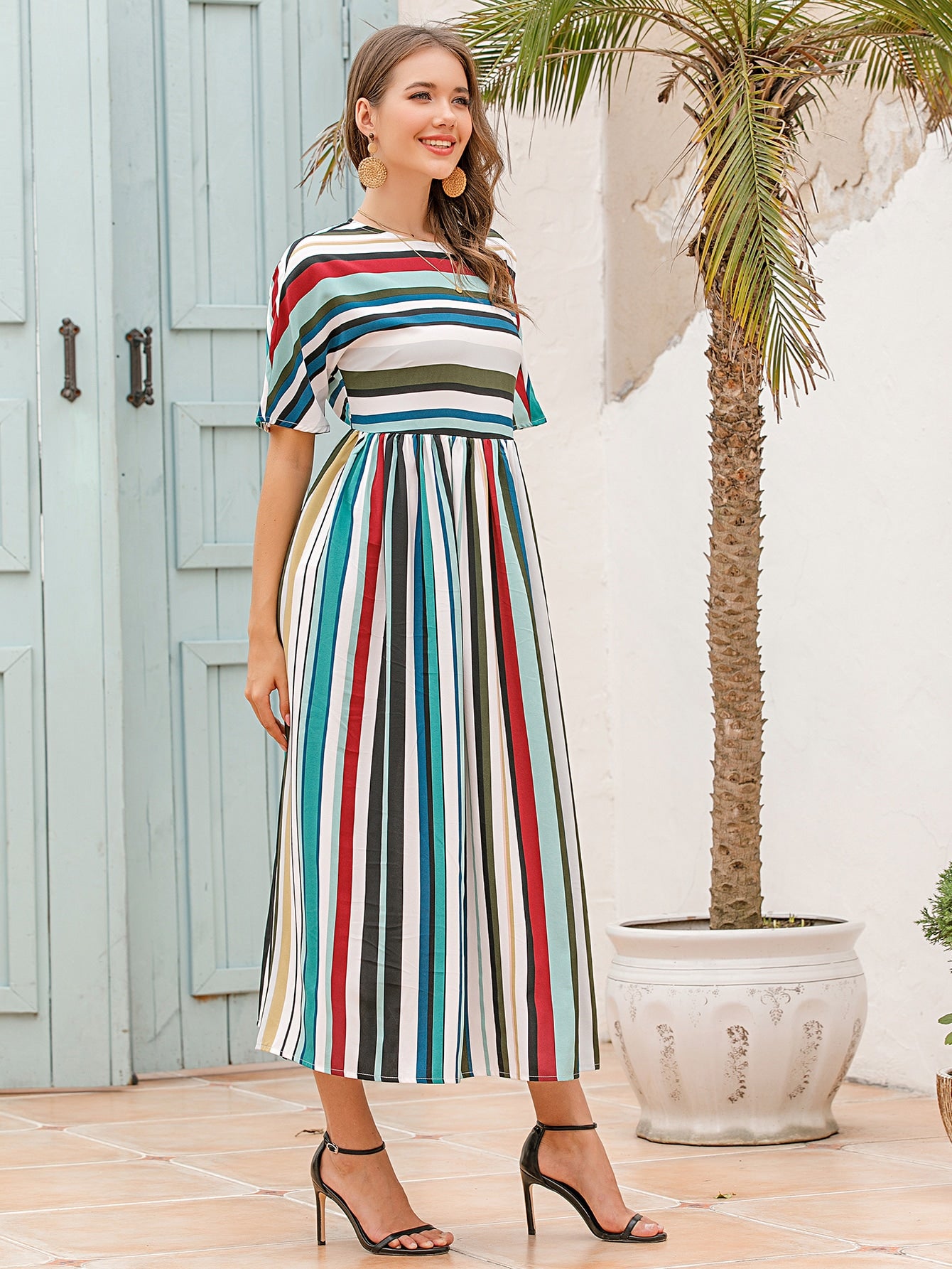 Multi-Color Striped Keyhole Back Long Dress