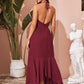 Solid Tie Front Backless Asymmetrical Halter Dress