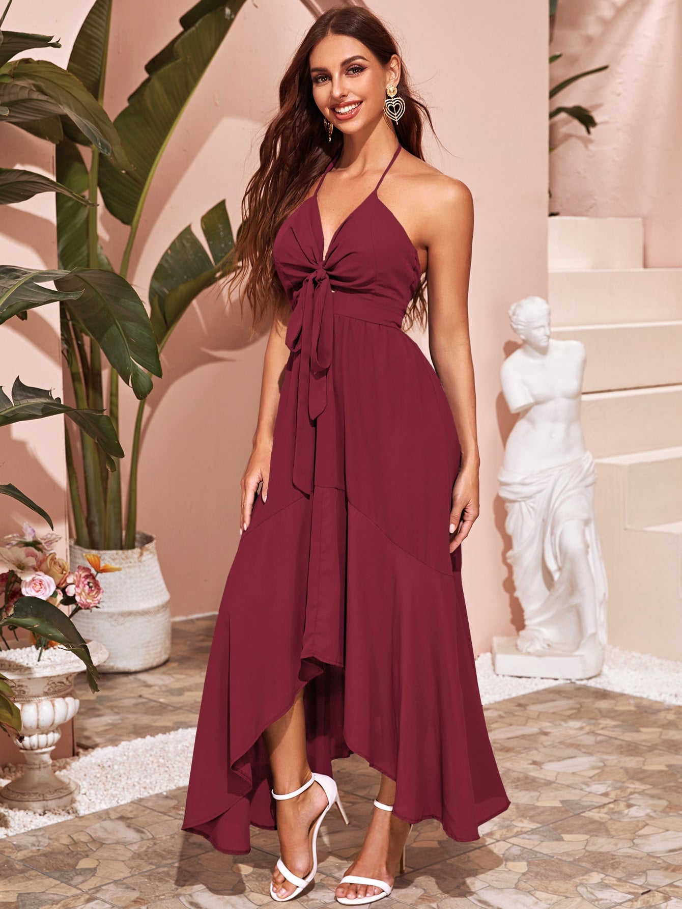 Solid Tie Front Backless Asymmetrical Halter Dress