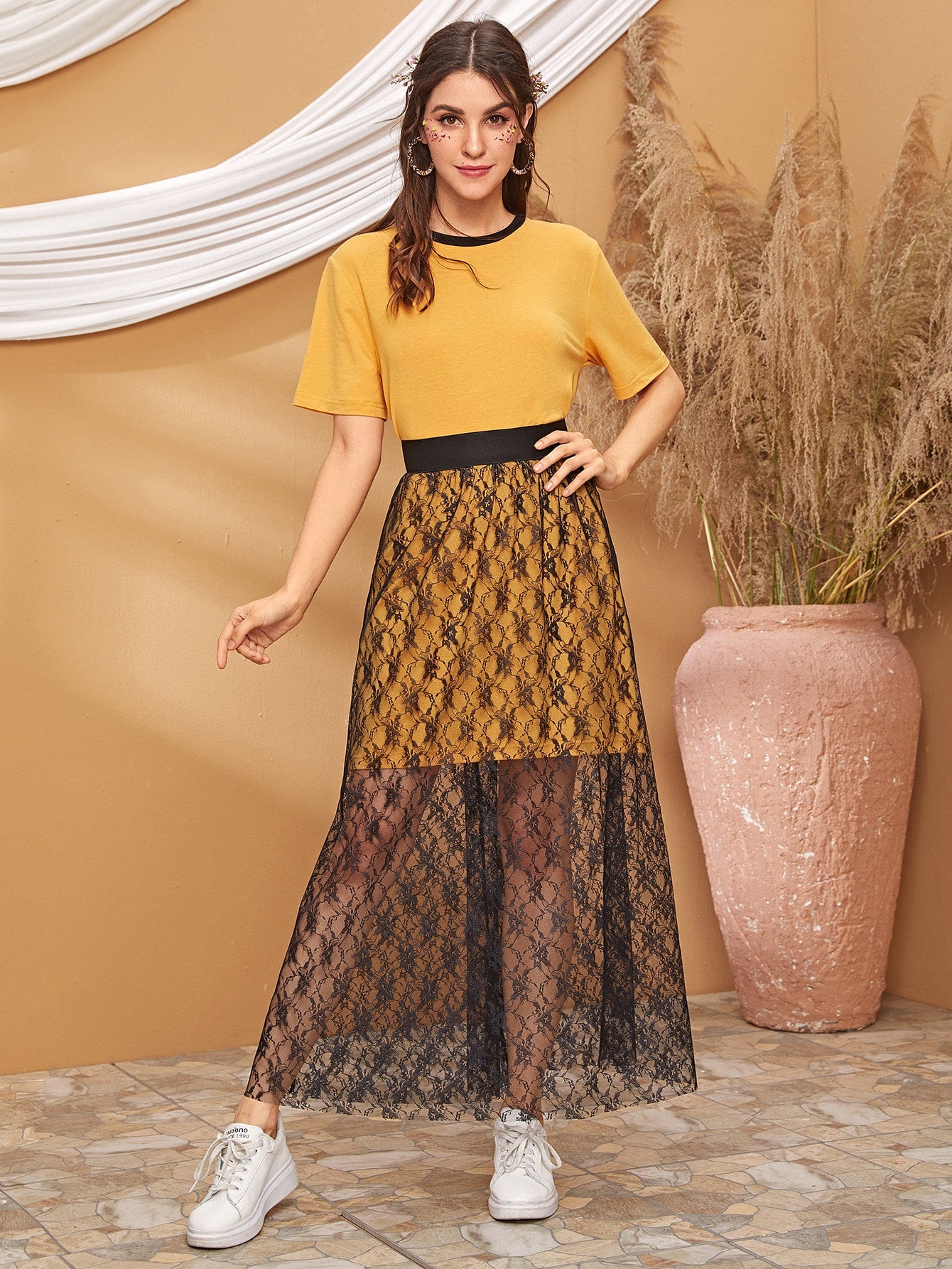 Contrast Binding Longline Tee & Sheer Lace Skirt