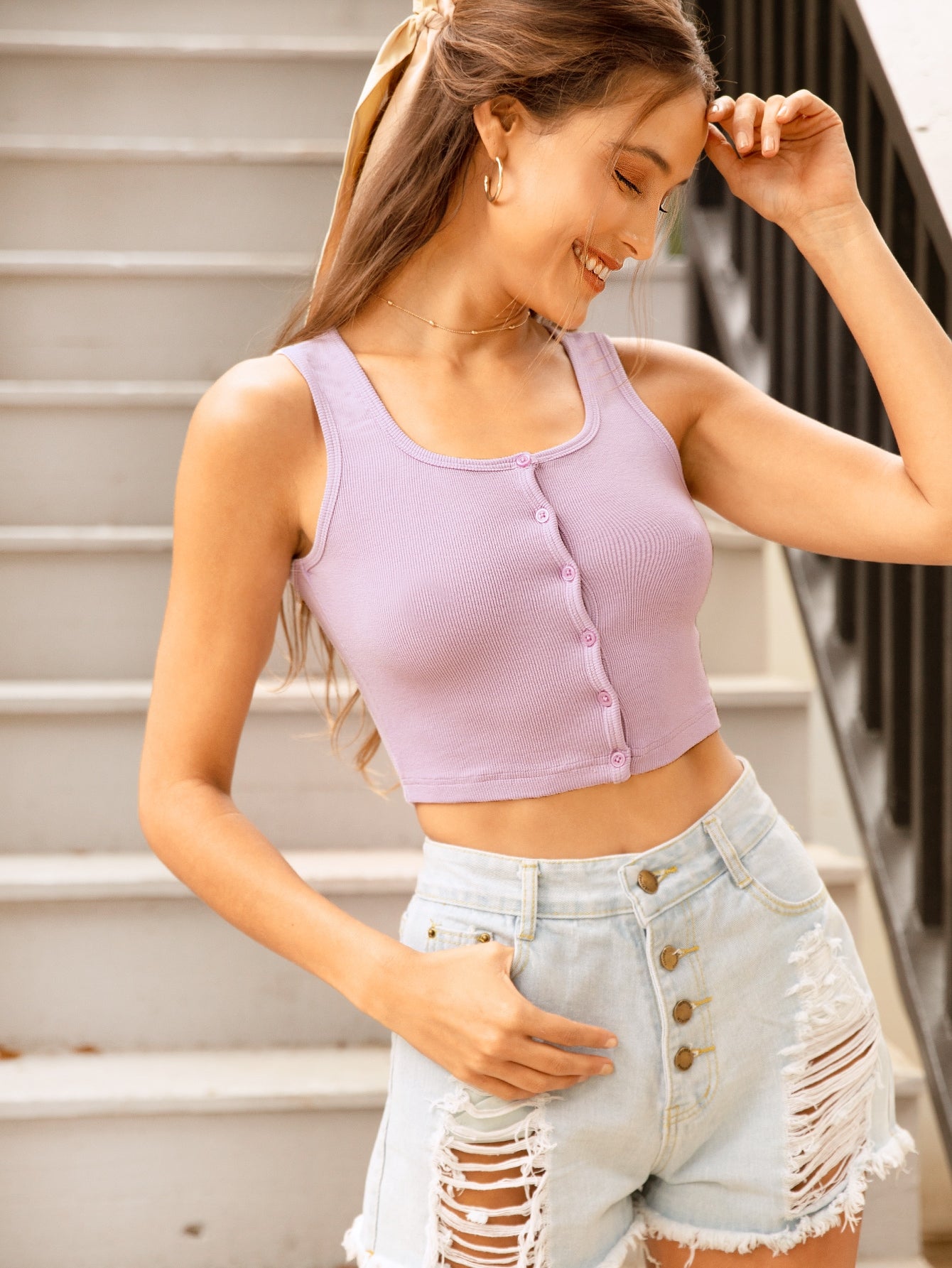 Button Front Rib-knit Crop Tank Top