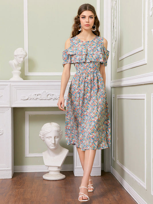 Floral Print Cold Shoulder Dress