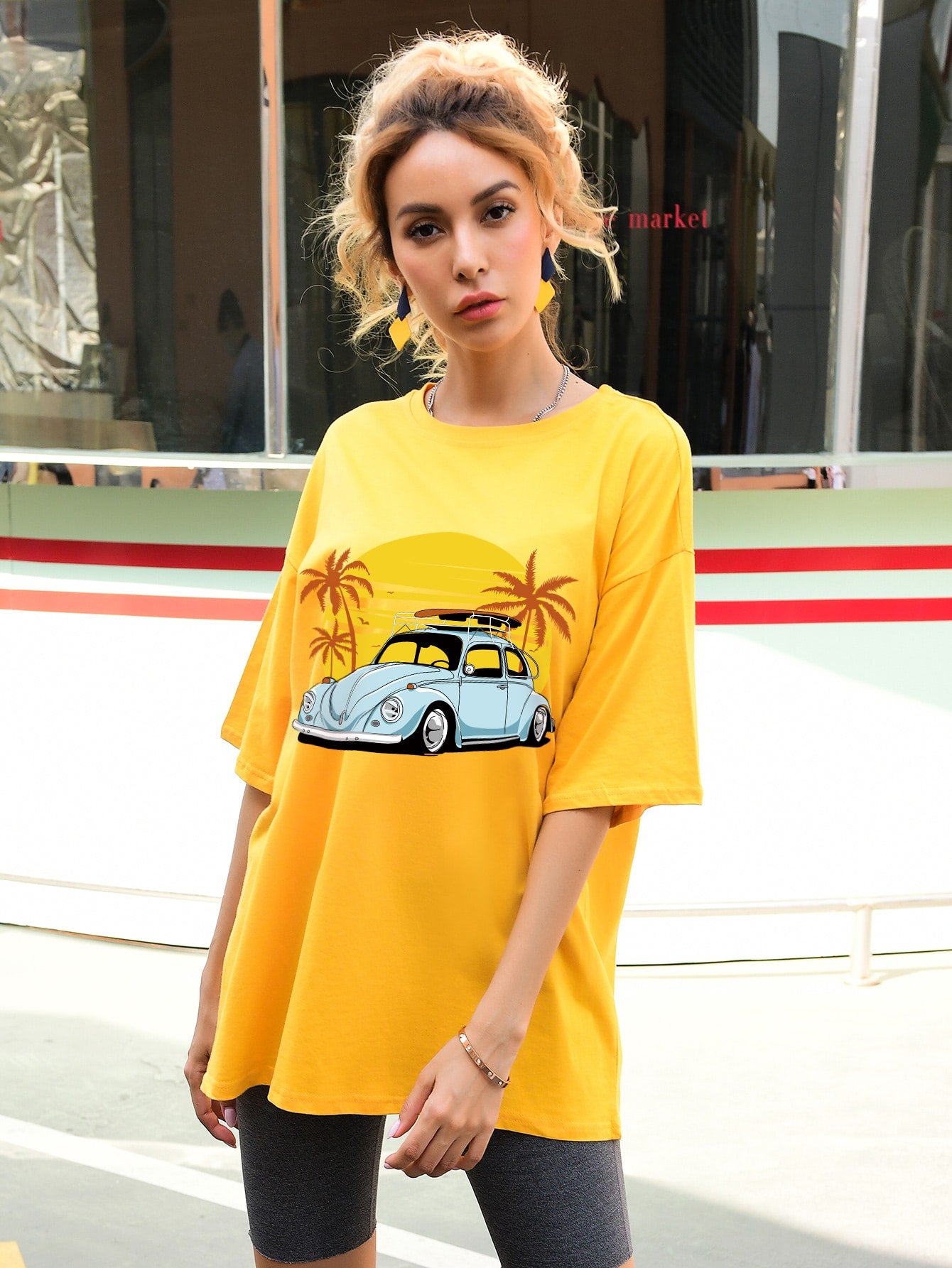 Tropical And Car Print Oversized Tee