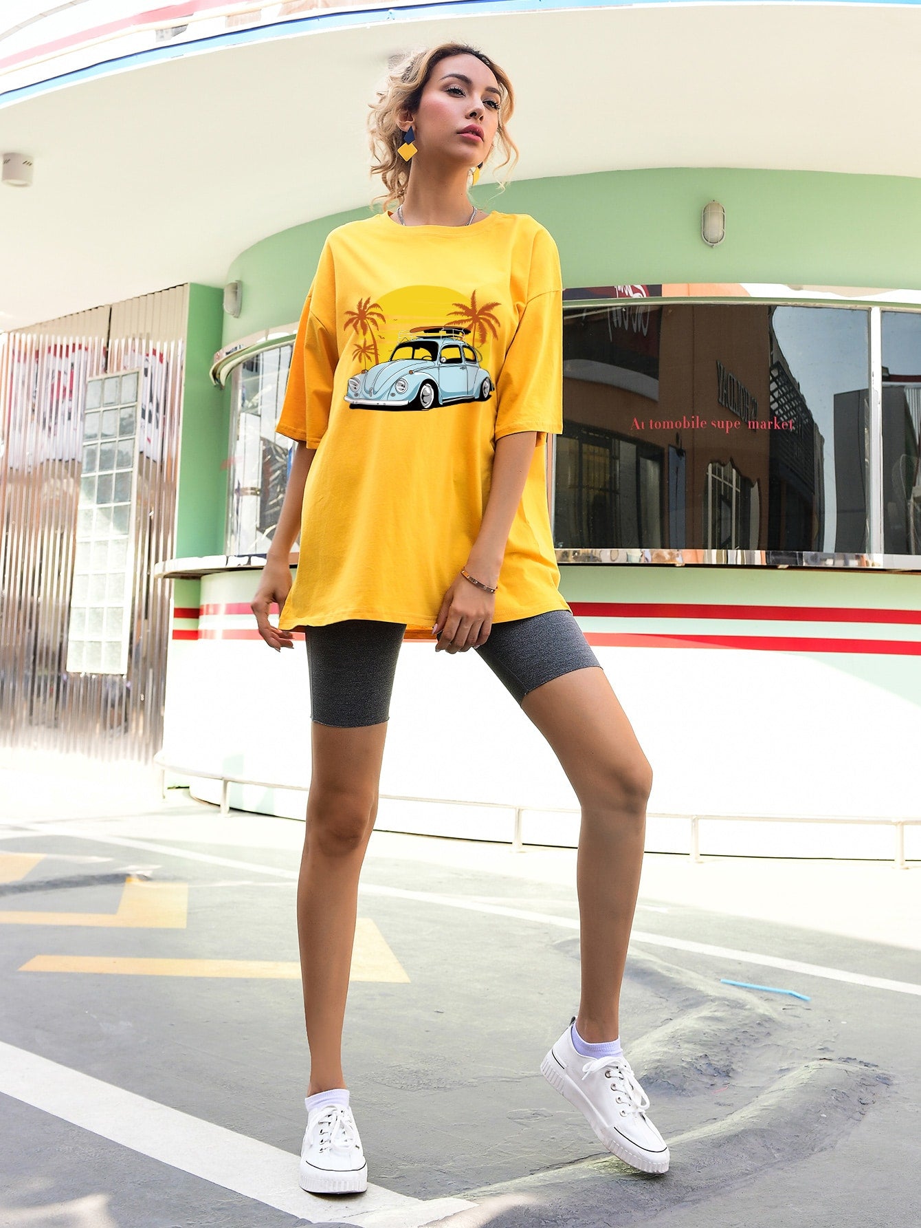 Tropical And Car Print Oversized Tee