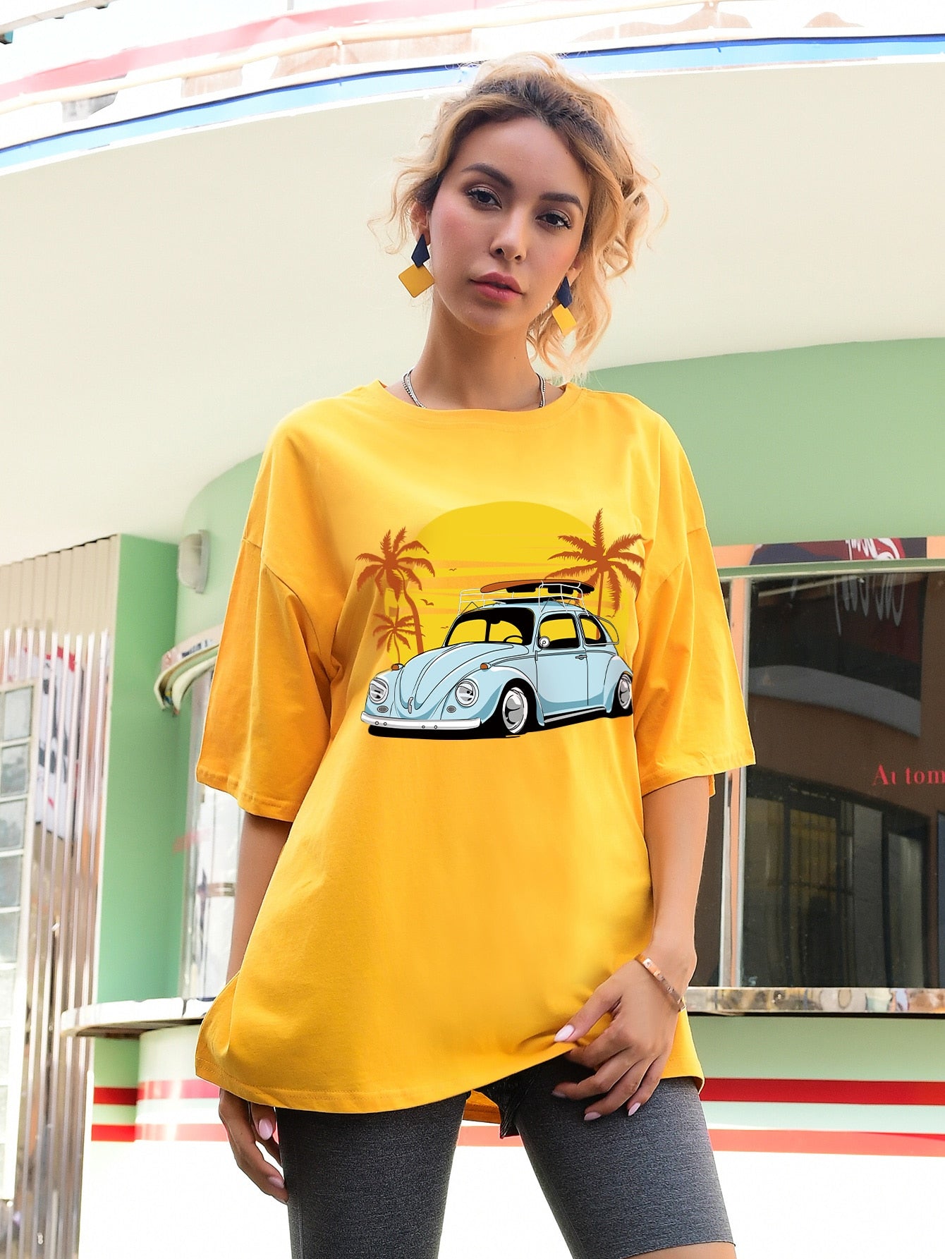 Tropical And Car Print Oversized Tee