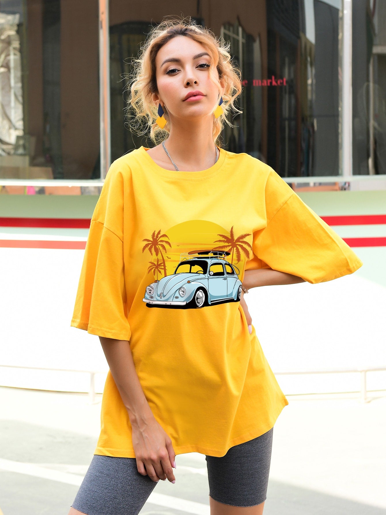 Tropical And Car Print Oversized Tee