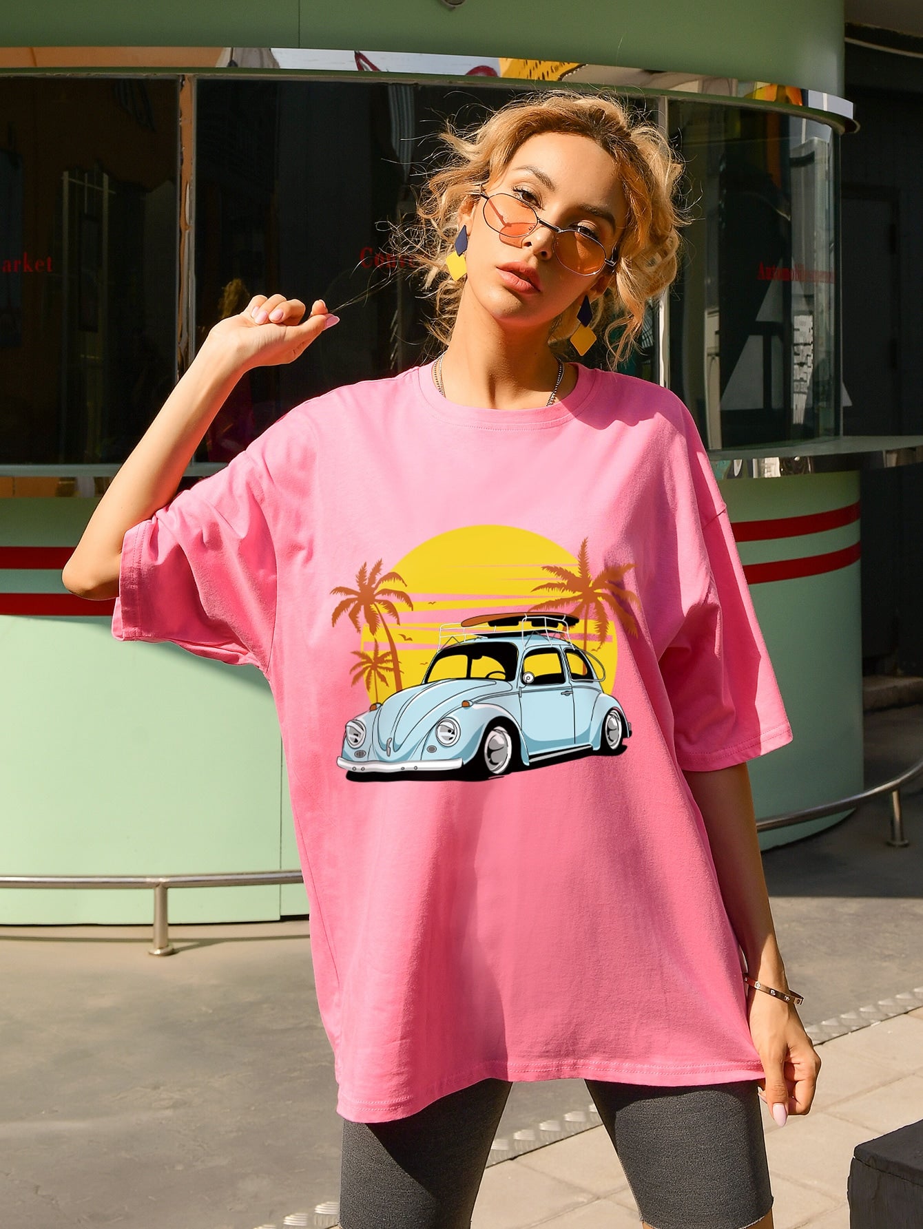 Tropical And Car Print Oversized Tee