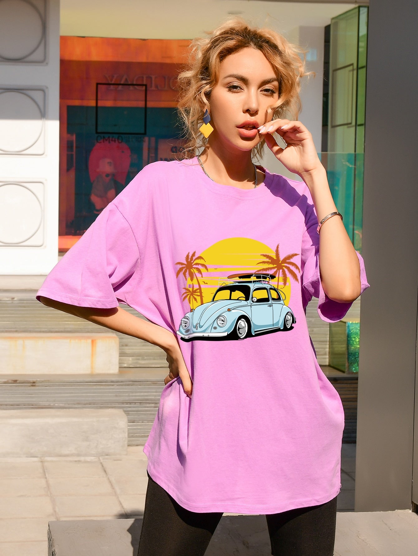 Car Print Drop Shoulder Oversized Tee