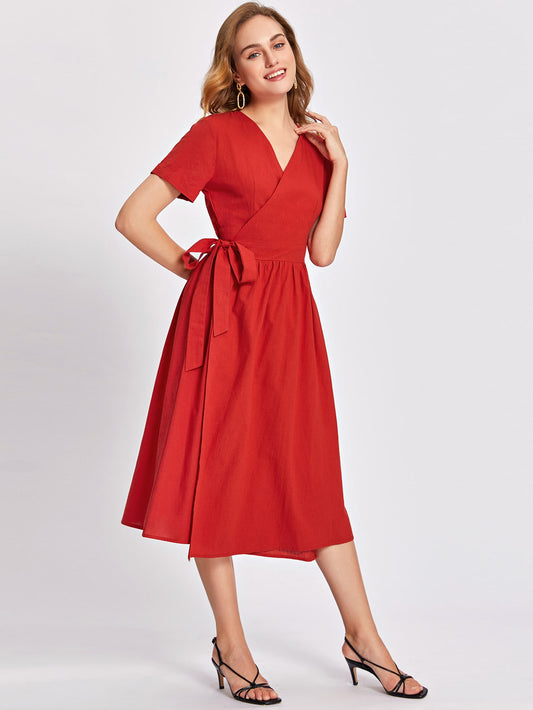 Solid Surplice Front Knot Side Wrap Dress