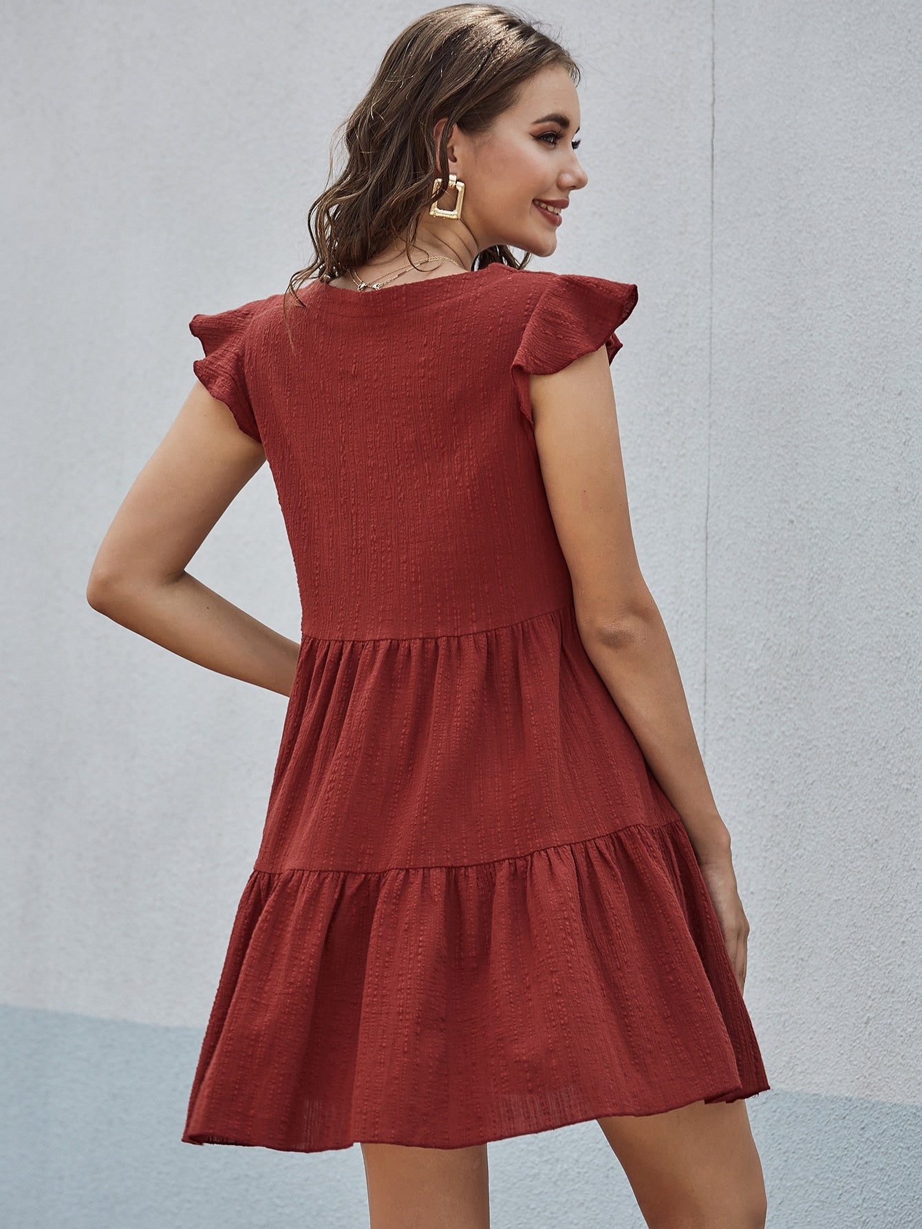 Ruffle Hem Solid Smock Dress