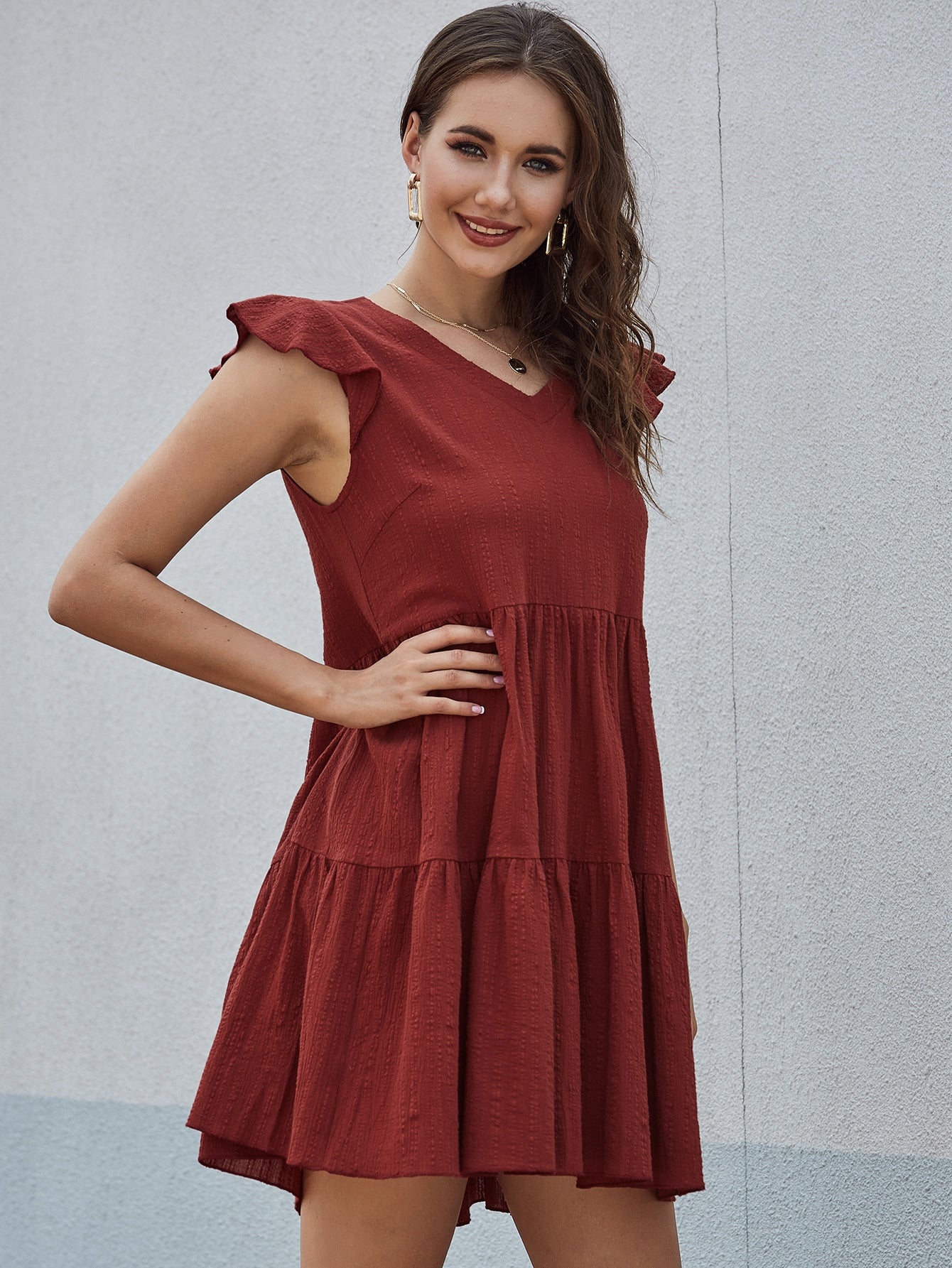 Ruffle Hem Solid Smock Dress