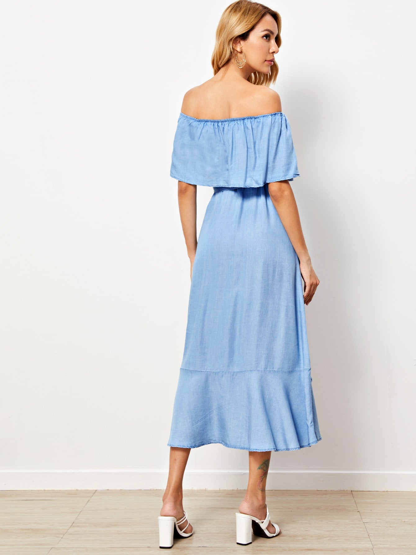 Foldover Belted Ruffle Wrap Bardot Denim Dress