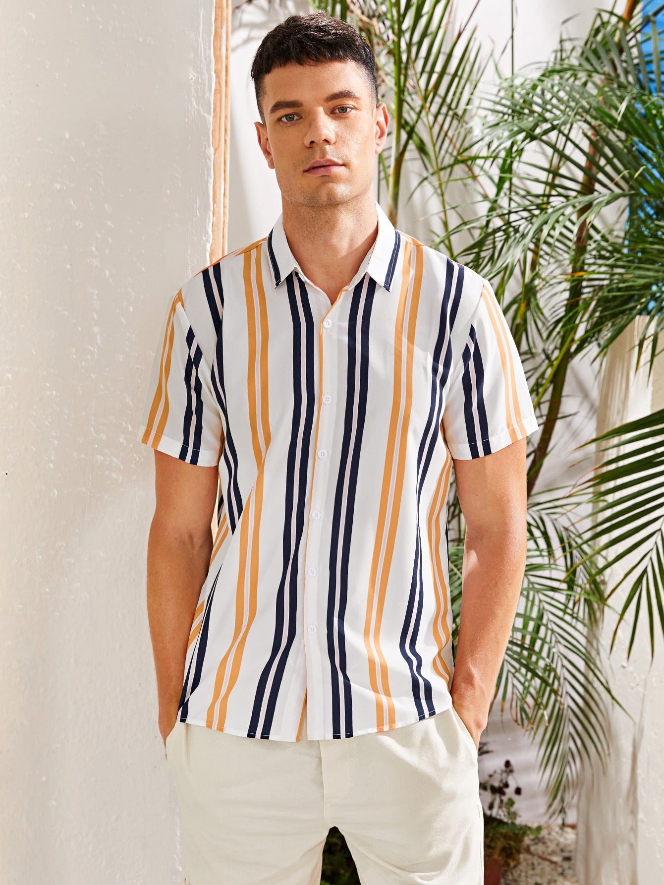 Men Vertical Striped Button Up Shirt