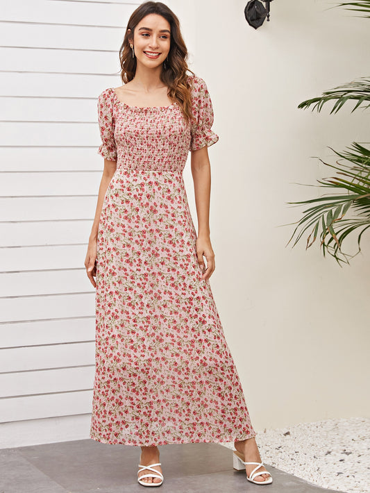 Ditsy Floral Frill Shirred A-Line Long Dress