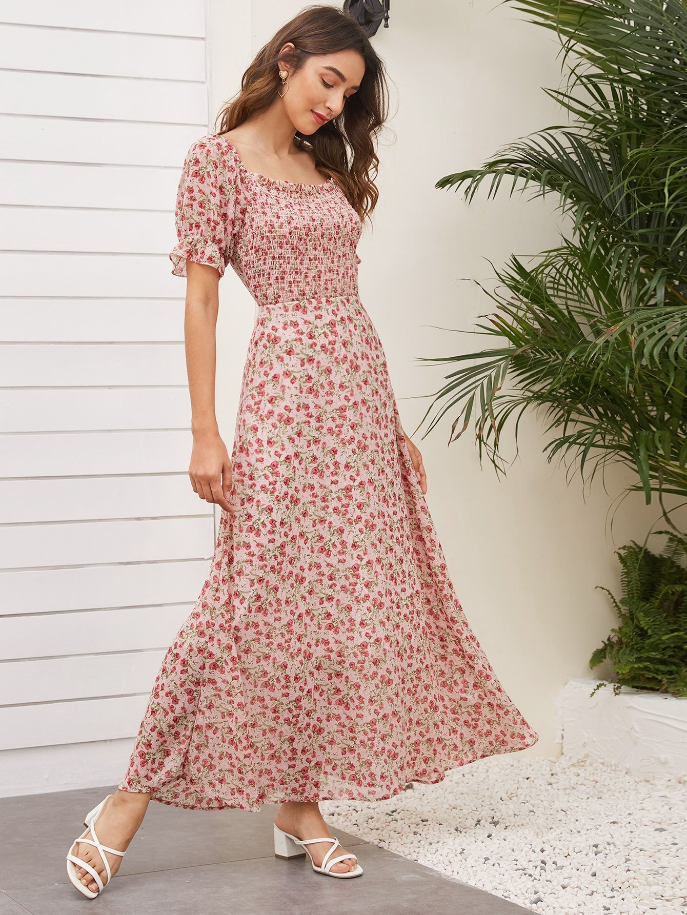 Ditsy Floral Frill Shirred A-Line Long Dress
