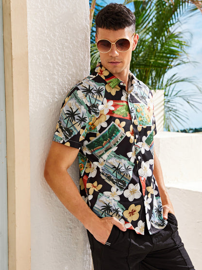 Men Tropical Floral Button Up Shirt