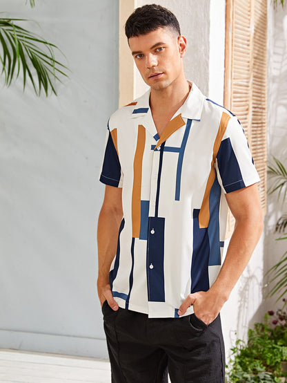 Men Colorblock Geo Print Button Up Shirt