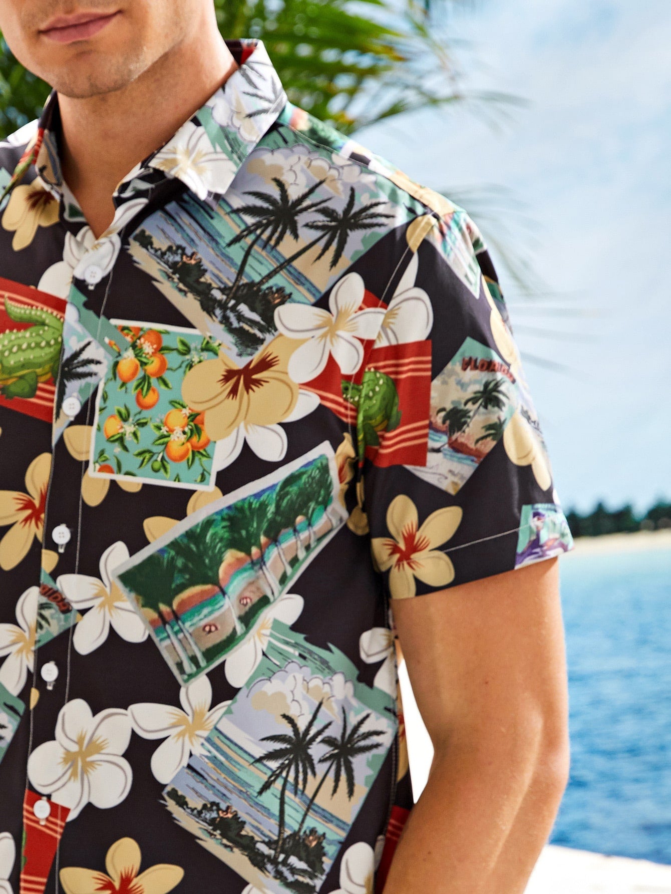 Men Tropical Floral Button Up Shirt