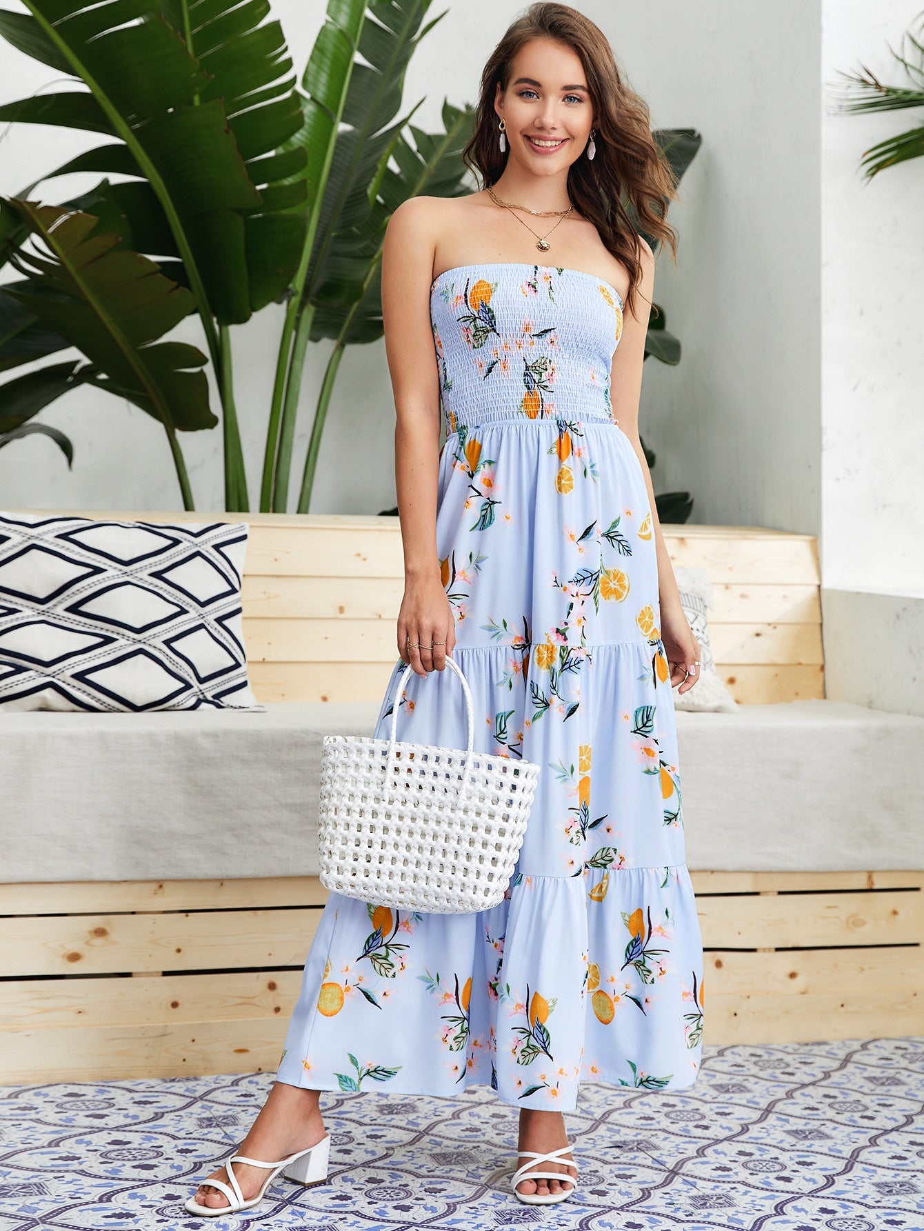 Fruit And Floral Print Shirred Tube Dress
