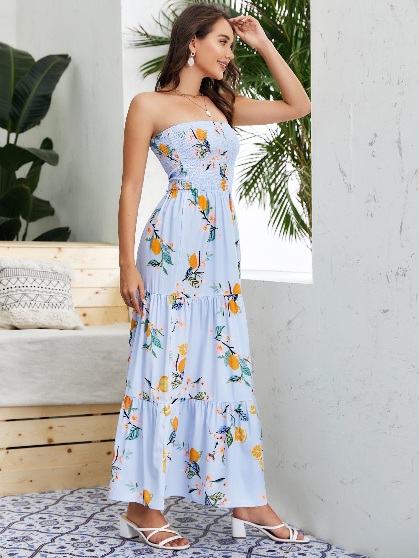 Fruit And Floral Print Shirred Tube Dress