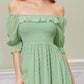 Chiffon Swiss Dot Shirred Bardot Flowy Dress