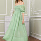 Chiffon Swiss Dot Shirred Bardot Flowy Dress