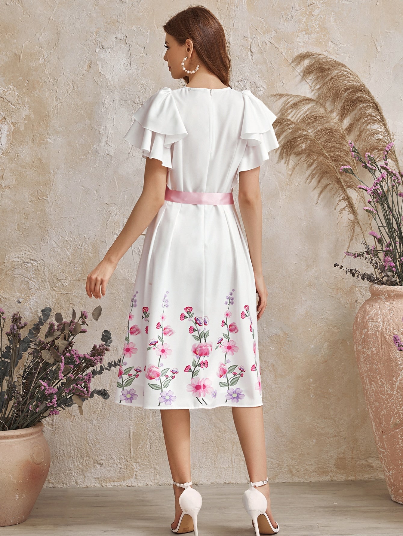 Layered Flutter Sleeve Floral Print Belted Dress