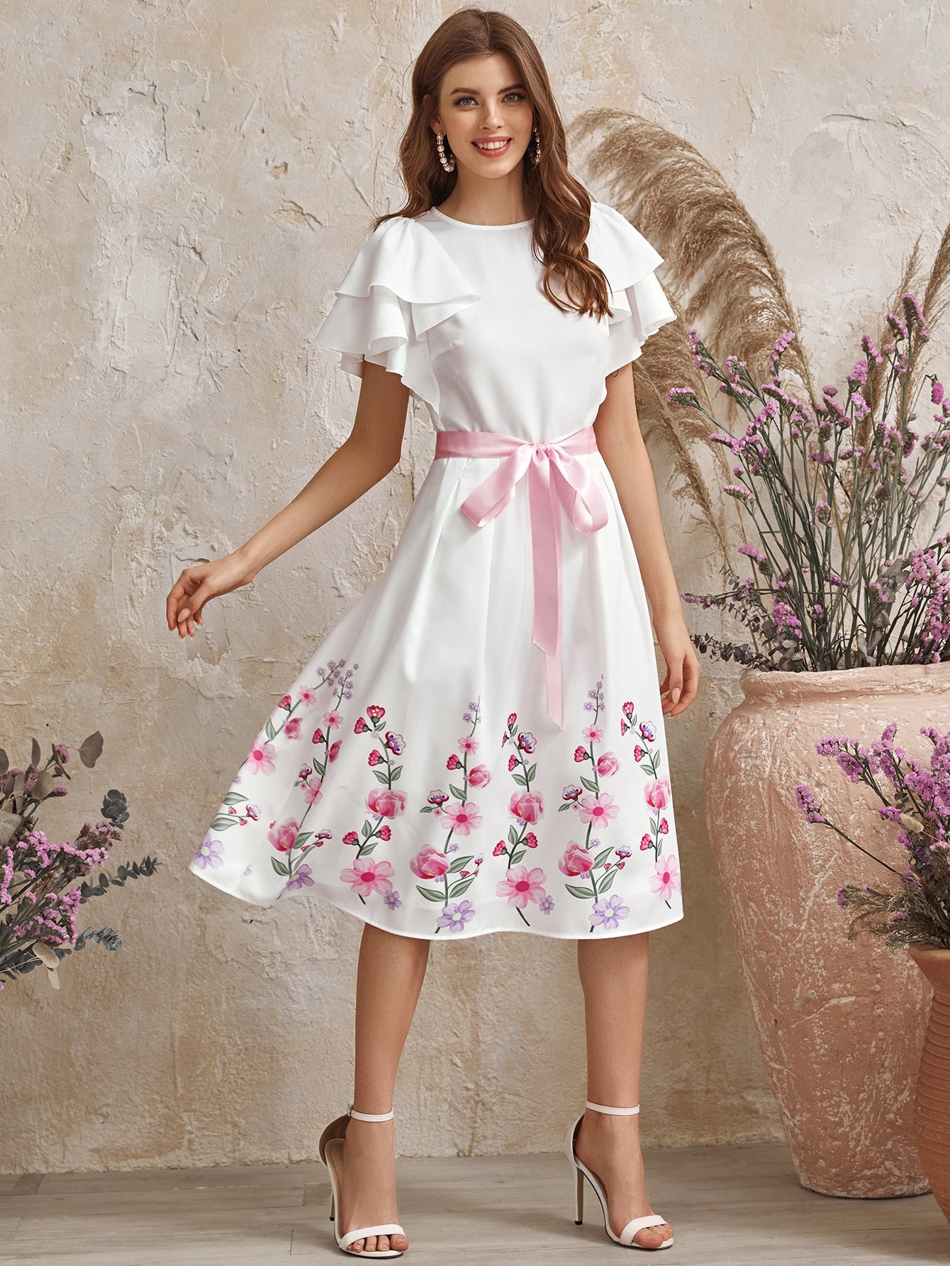 Layered Flutter Sleeve Floral Print Belted Dress
