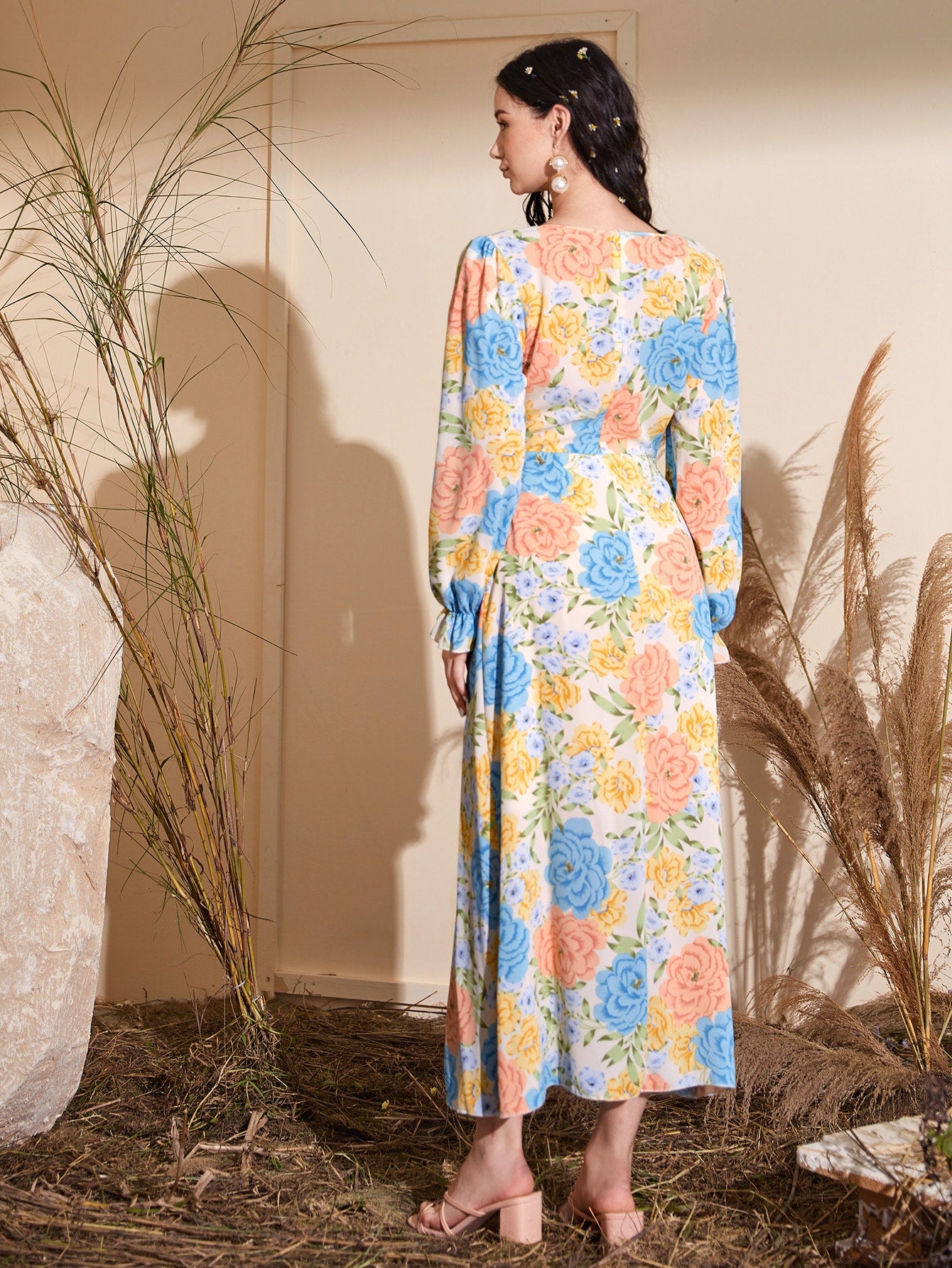 Allover Floral Print Flounce Sleeve Dress