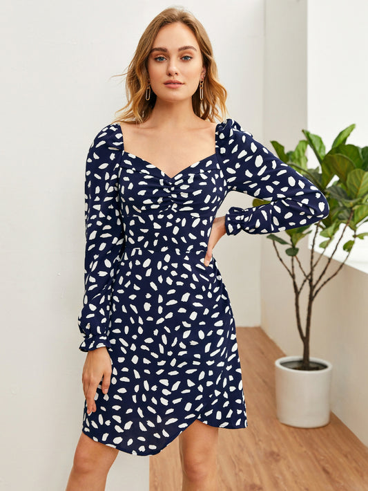 Ruched Front Shirred Back Asymmetrical Hem Allover Print Dress