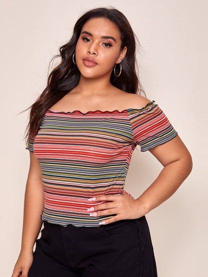 Plus Lettuce Edge Striped Bardot Top