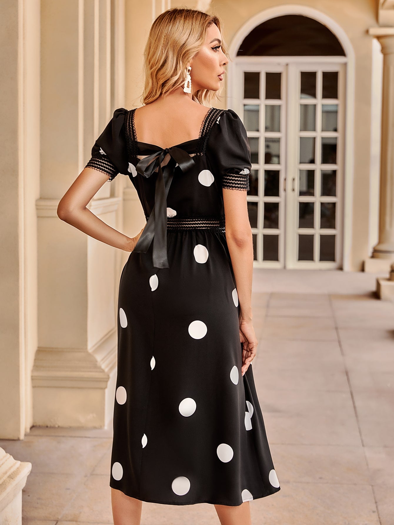 Polka Dot Tie Back Contrast Lace A-line Dress