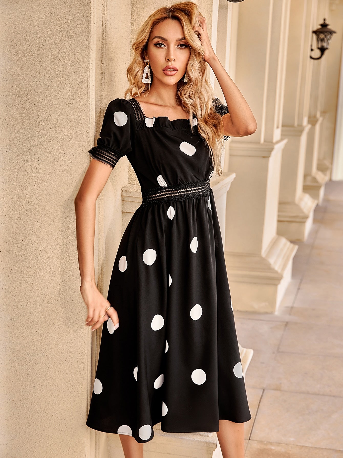 Polka Dot Tie Back Contrast Lace A-line Dress