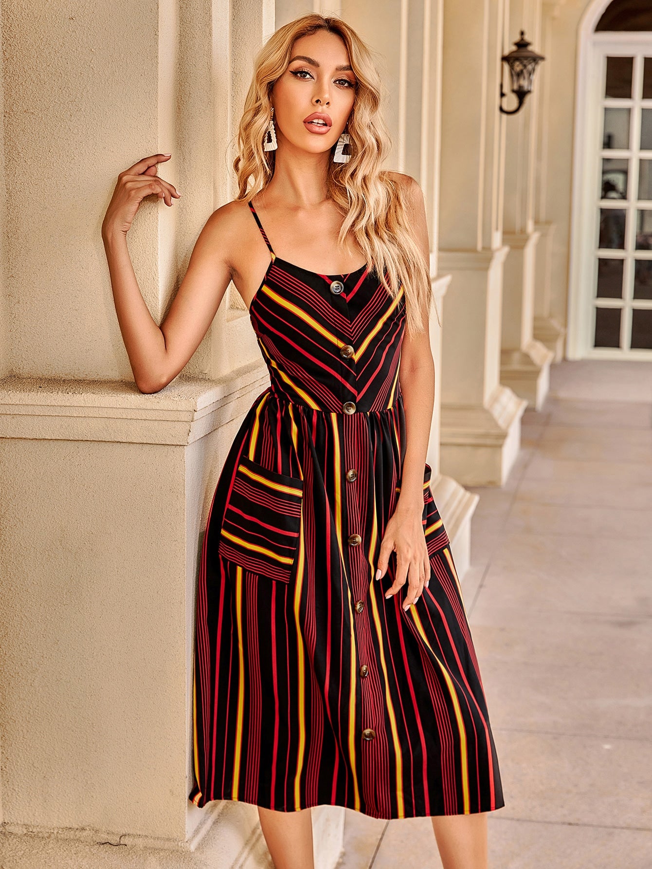 Striped Button Front Dual Pocket Cami Dress