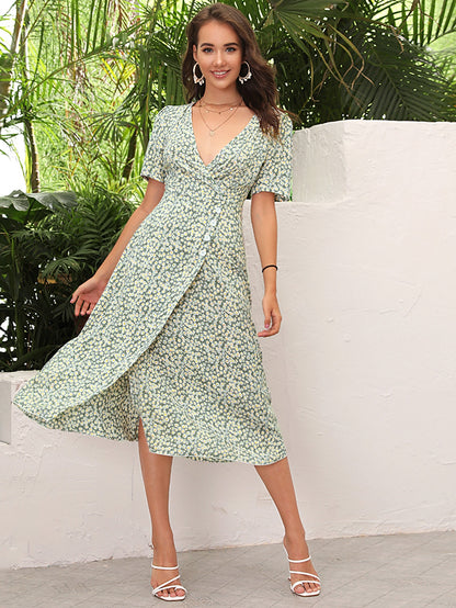 Ditsy Floral Print Puff Sleeve Wrap Dress