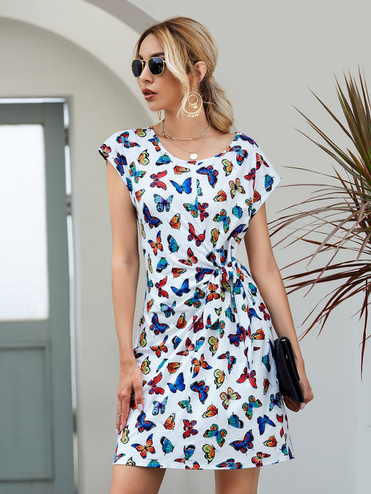 Allover Butterfly Print Tie Front Tee Dress