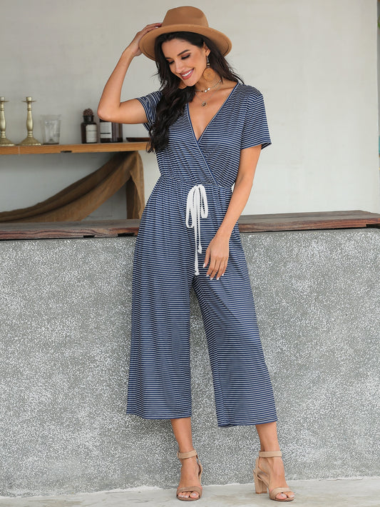 Striped Surplice Front Drawstring Wide Leg Jumpsuit