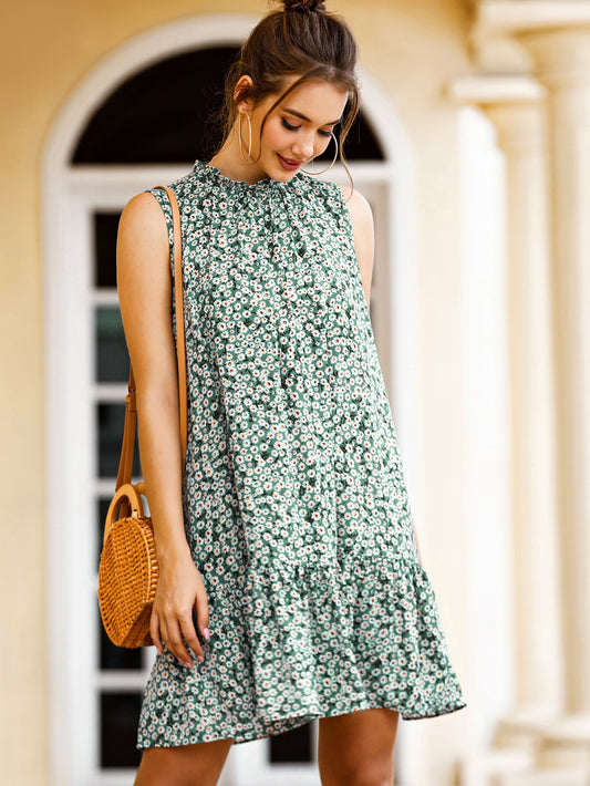 Ditsy Floral Ruffle Neck Babydoll Dress