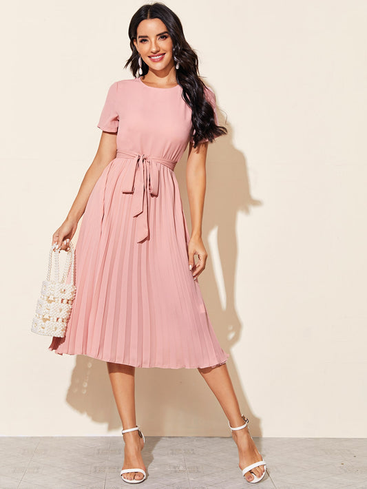 Split Back Self Belted Pleated Dress