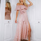 Off Shoulder Ruffle Detail Gold Dot Print Belted Chiffon Dress