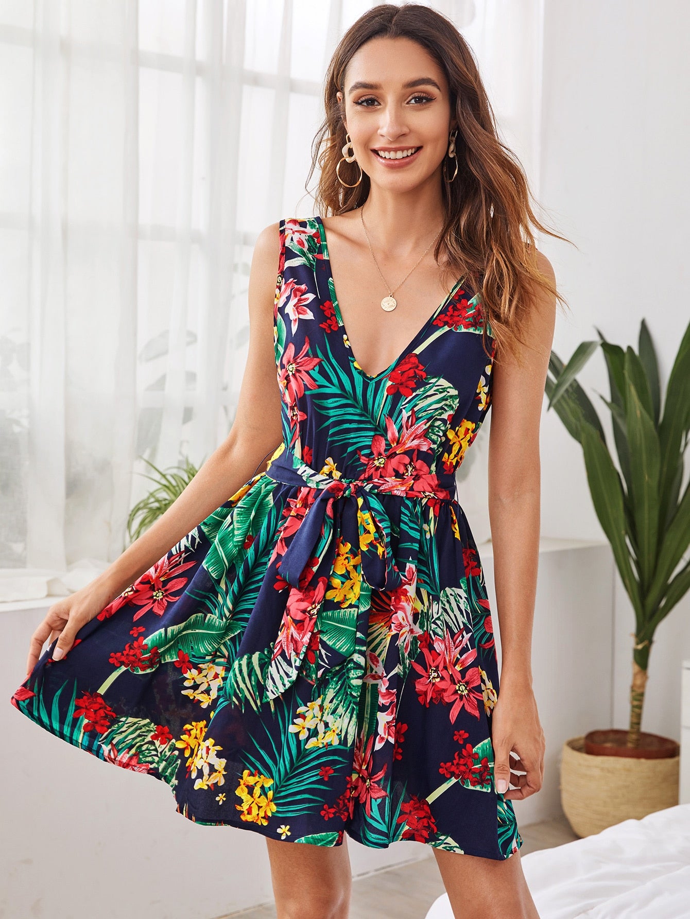 Tropical Print Low Back Self Belted Dress