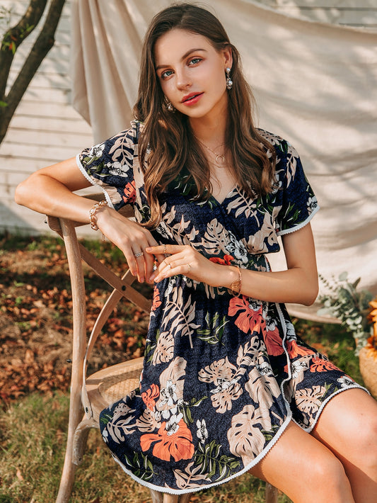 Surplice Neck Ruffle Hem Lace Trim Tropical Dress