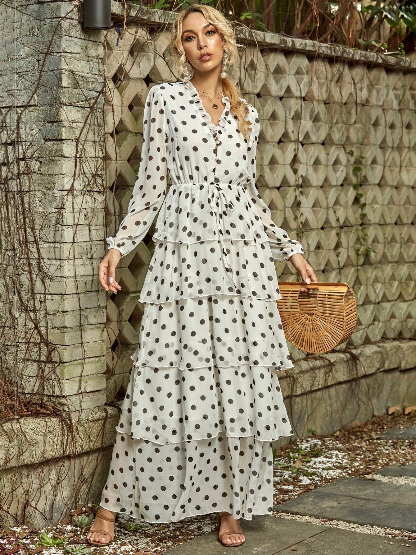 Missord Button Tie Front Layered Polka Dot Dress