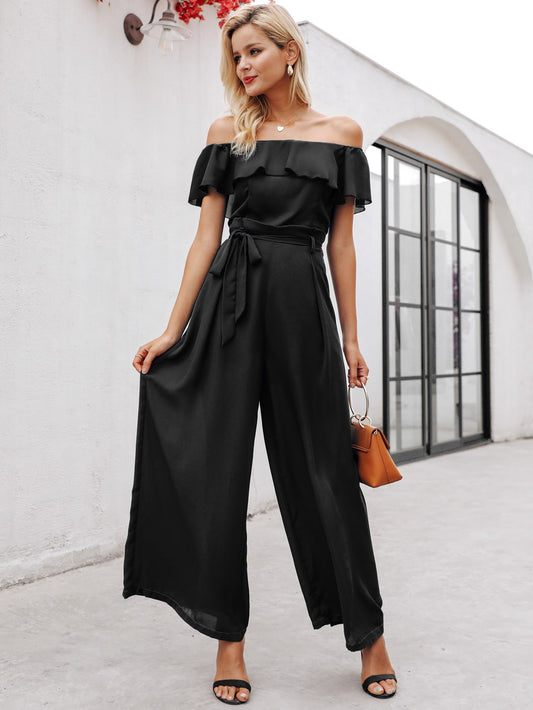 Ruffle Off Shoulder Belted Wide Leg Jumpsuit