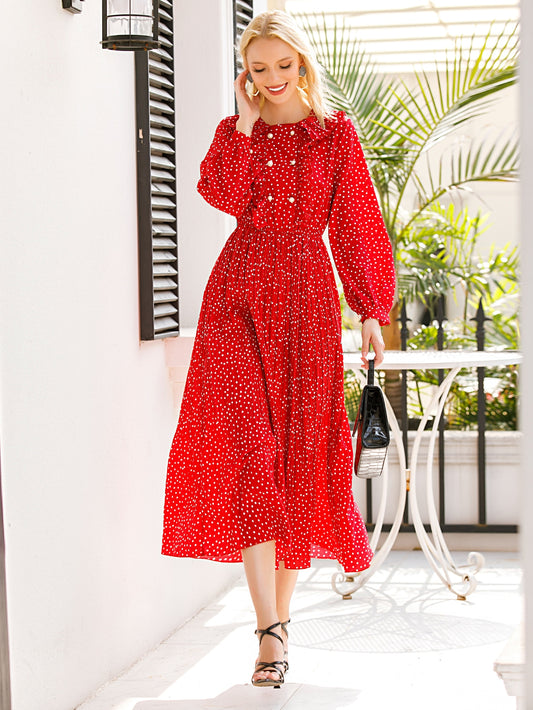 Polka Dot Ruffle Trim A-line Dress
