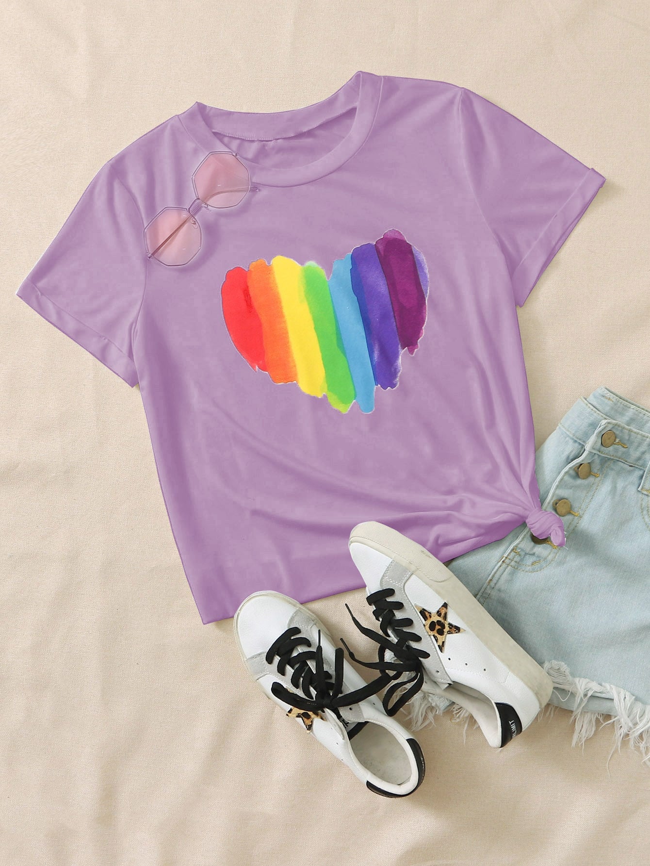 Roll Up Sleeve Rainbow Heart Tee