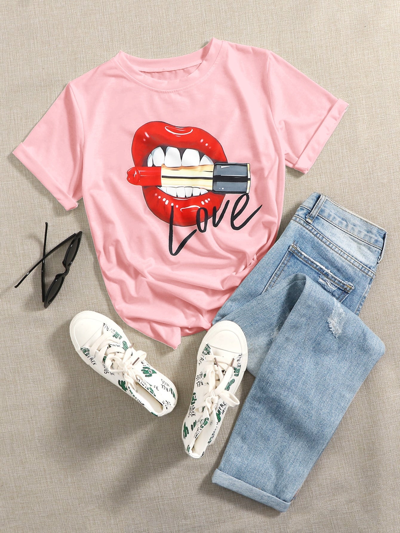 Lipstick And Letter Graphic Tee