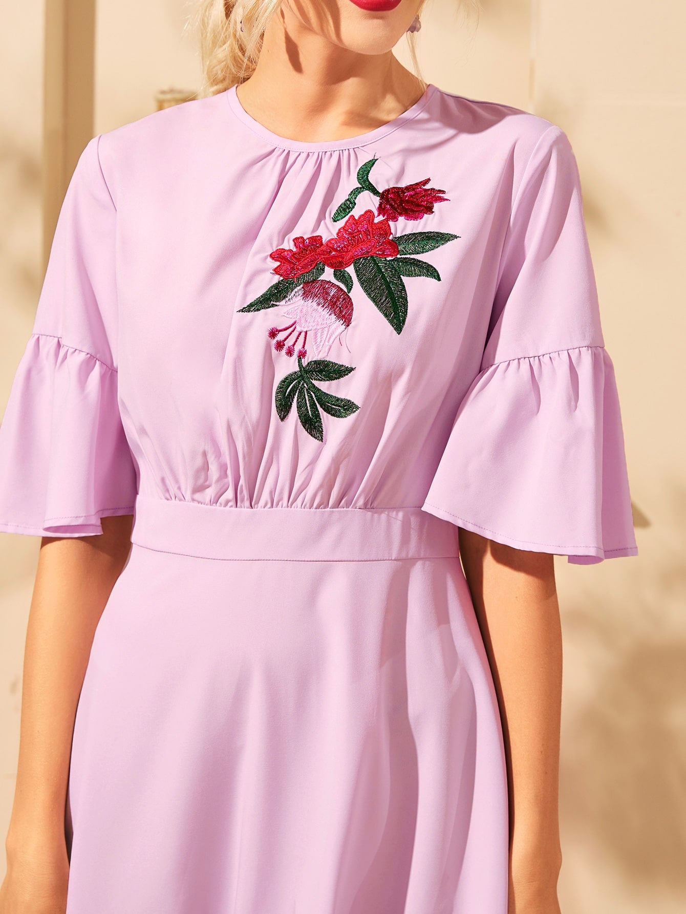 Floral Embroidery Flounce Sleeve Dress