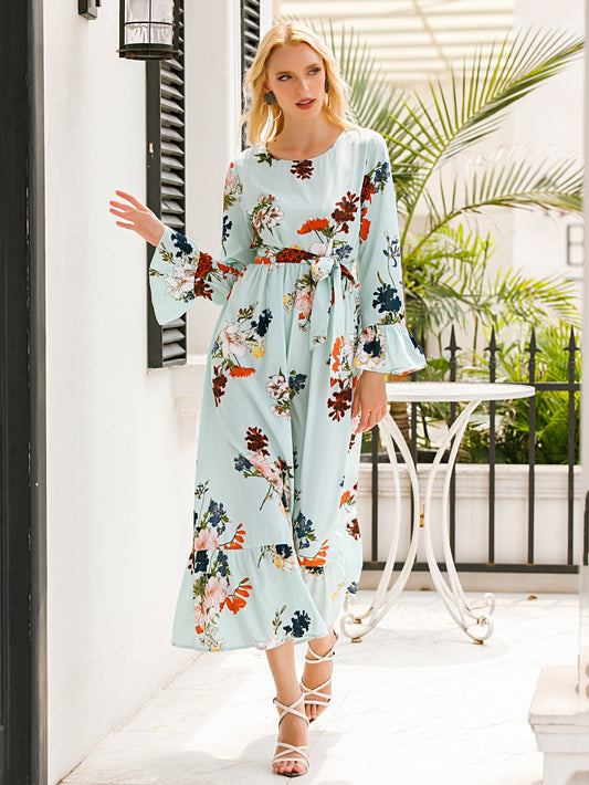 Floral Belted Flounce Hem Dress