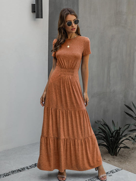 Ruched Front Ruffle Hem Maxi A-line Dress